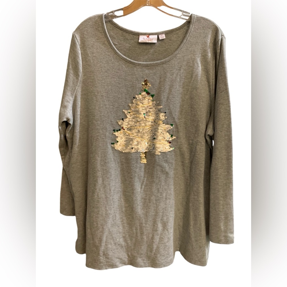 Quacker Factory Christmas Tree Sequined Top Gray Plus size 1X Cotton shirt